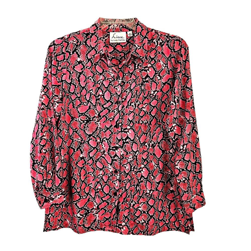Linea Louis Dell'Olio Top Womens Medium Pink Black LS Button-Up Blouse Stretch